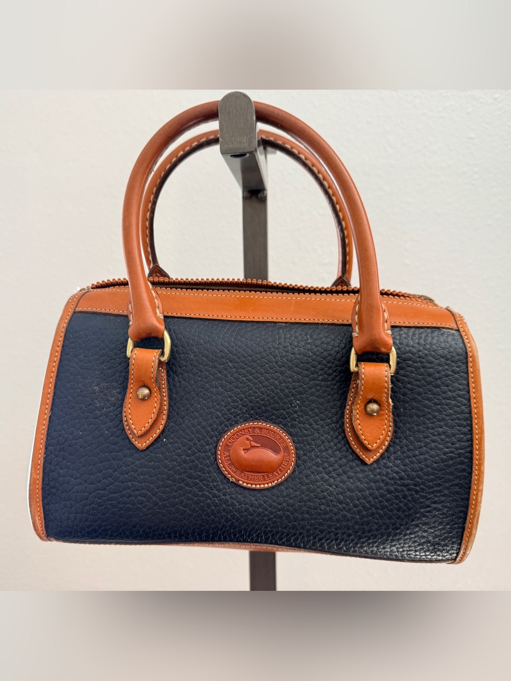 Dooney & Bourke Black Pebbled Leather Satchel with Tan Trim and Handles